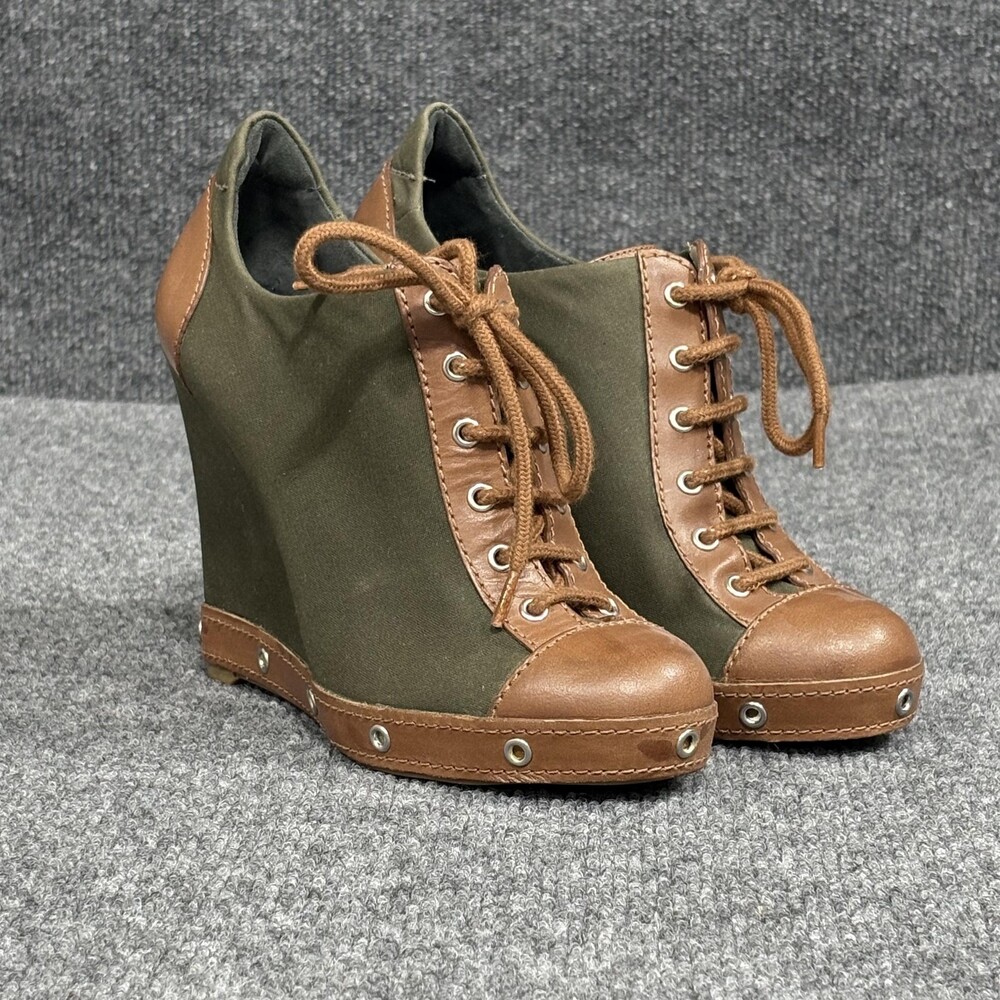 Marc by Marc Jacobs Shoes Womens 6 Green Brown Wedge Lace Up Canvas Leather Army